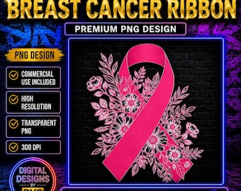 Floral Breast Cancer Ribbon PNG | Pink Awareness Sublimation Design (Digital Download)