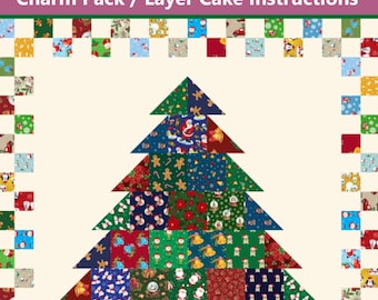 Colorful Patchwork Christmas Tree Quilt Pattern - Charm Pack (5" squares) and Layer Cake (10" squares) Instructions - INSTANT DOWNLOAD