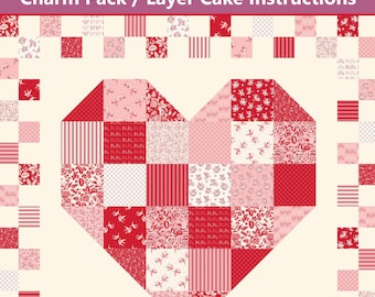 Fast & Easy Colorful Patchwork Heart Quilt Pattern with Charm Pack (5" squares) and Layer Cake (10" squares) Instructions - INSTANT DOWNLOAD