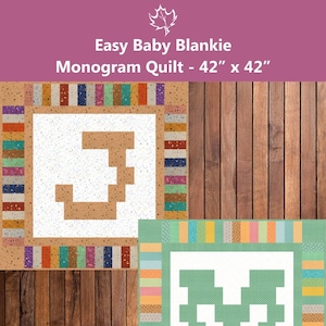 May include: Two baby blankets, each 42" x 42", with a monogram design. One features a brown letter "J" on a white speckled background, and the other has a green letter "M" on a white background. Both have colorful borders.