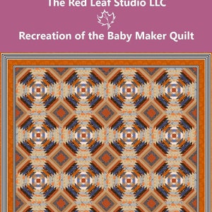 May include: A quilt with a geometric pattern in shades of brown, blue, and cream. The quilt is made up of squares and triangles, and it has a border of orange and black.