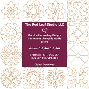 Op de afbeelding: Digitale download met machineborduurontwerpen van doorlopende quiltmotieven. De afbeelding toont verschillende bloemen- en geometrische patronen in bruin garen. De tekst geeft aan dat de ontwerpen in vier maten, van 7,6x7,6 cm tot 15,2x15,2 cm, en acht formaten komen.