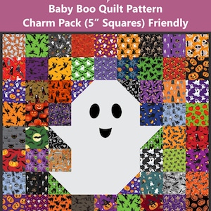 May include: A quilt pattern titled Baby Boo Quilt Pattern by The Red Leaf Studio LLC, featuring a large central white ghost shape surrounded by a grid of colorful Halloween-themed fabric squares, compatible with 5-inch charm packs.