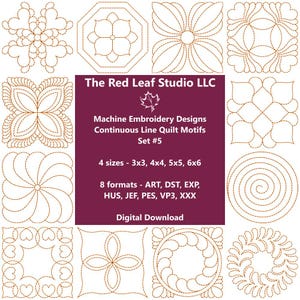 以下が含まれることがあります： 茶色の連続線キルトモチーフを備えたミシン刺繍のデザイン画像。デザインには、花柄と幾何学模様が含まれています。「The Red Leaf Studio LLC」と「Digital Download」というテキストが表示されています。