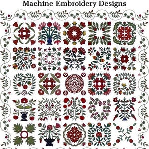 May include: A collection of 25 fabric applique machine embroidery designs featuring a variety of floral and geometric patterns in red, green, and white.