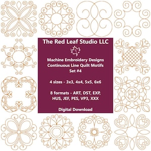 Könnte beinhalten: Eine Sammlung von Maschinenstickmustern mit durchgehenden Linien für Quilts. Die Designs sind in verschiedenen Formen und Größen, mit dem Text "The Red Leaf Studio LLC" und "Digital Download". Das Set enthält 4 Größen und 8 Formate.