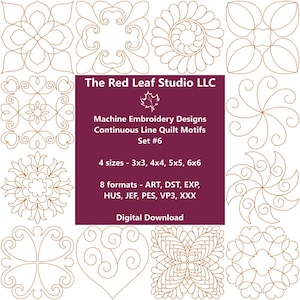 May include: A digital download of machine embroidery designs. The image features various continuous line quilt motifs in a brown color. The text on the image reads "The Red Leaf Studio LLC" and "Machine Embroidery Designs Continuous Line Quilt Motifs Set #6".