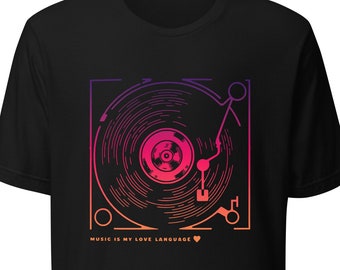 Camiseta "La música es mi lenguaje de amor", gráfico de tocadiscos de vinilo retro
