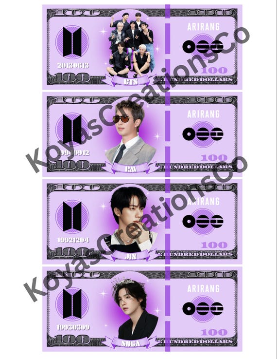 K-Pop World Tour Dollar Bill Freebie Template: OT7 and individual members (Borahae Version)