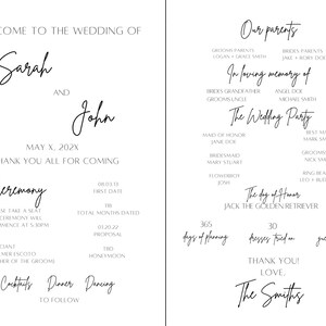 May include: A wedding program with elegant script. The program welcomes guests to the wedding of Sarah and John, with details including the date, ceremony information, and names of the wedding party. The program also includes a thank you message.