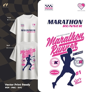May include: White t-shirt with "Marathon Runner" text and graphics. The front features a logo and a heart graphic. The back displays a running figure and "Run for a Cause" text, along with 5K and 10K logos. Vector print ready.