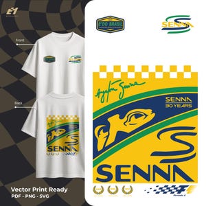 Może przedstawiać: Biała koszulka z nadrukami z przodu i z tyłu. Przód ma małe logo i logo SENNA. Tył przedstawia większą grafikę z napisem "SENNA 30 YEARS" i stylizowany obraz w kolorach żółtym, niebieskim i zielonym.