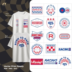 Puede incluir: Una camiseta blanca de manga corta con varios estampados gráficos de automovilismo en rojo y azul. El frente muestra logotipos pequeños, mientras que la parte posterior presenta un gráfico de arco a cuadros con el texto BORN TO RACE.