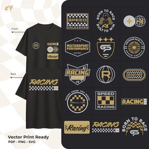 May include: A black t-shirt featuring gold and white racing-themed graphics on the front and back, including checkered patterns and text like Racing, Speed Unleashed, and Grand Prix. The image also displays a collection of sixteen vector logo designs.