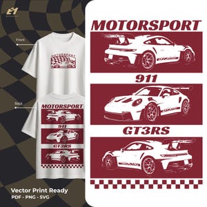 May include: A white t-shirt featuring a maroon graphic print. The front displays a small car illustration with a checkered flag. The back shows three distinct views of a sports car with the text MOTORSPORT, 911, and GT3RS in maroon.