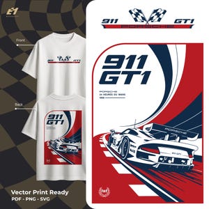 May include: A white t-shirt featuring a graphic print of a Porsche 911 GT1 race car on a track. The front shows a small logo with chequered flags and the text 911 GT1. The back displays a large illustration of the car with the text 911 GT1, PORSCHE, 24 HEURES DU MANS, 1998, and a 1st place laurel emblem.