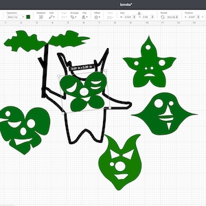 May include: A digital design of green Koroks from the Legend of Zelda video game series. The Koroks are in various shapes and sizes, including a star, a ghost, a heart, and a leaf. The design is on a white background with a grid.