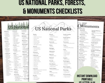 US National Park, US National Forest, US National Monuments Checkliste Printable, Nationals Bucket List, Poster, Schild, pdf, einfach