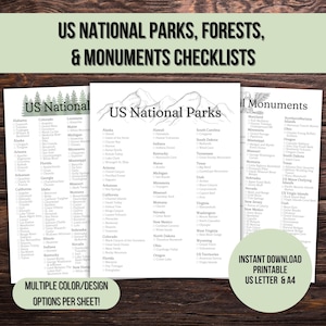 Parque Nacional de EE. UU., Bosque Nacional de EE. UU., Lista de verificación de monumentos nacionales de EE. UU. imprimible, Lista de deseos de los nacionales, póster, letrero, pdf, simple