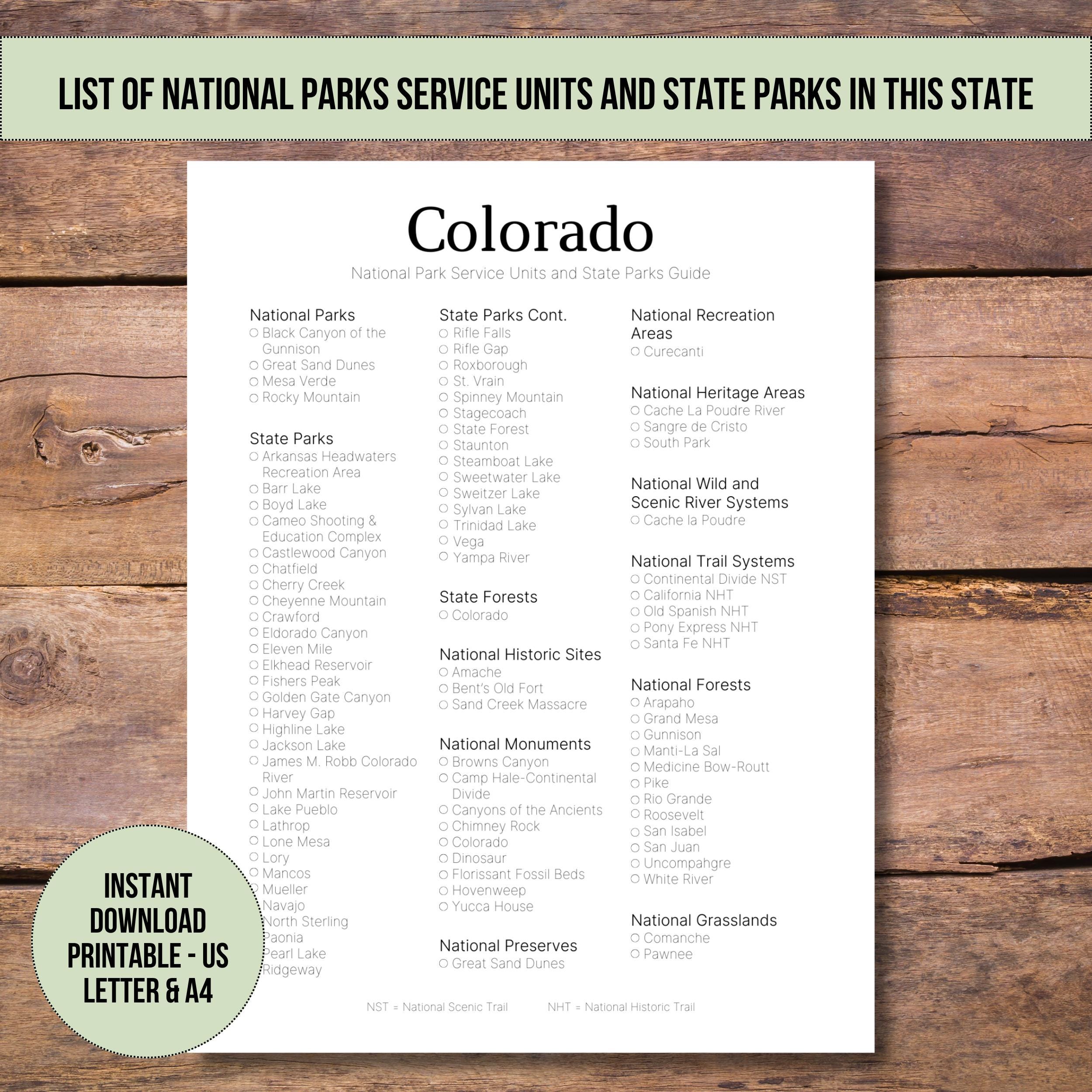 Colorado National & State Parks Checklist Printable (PDF) - Etsy