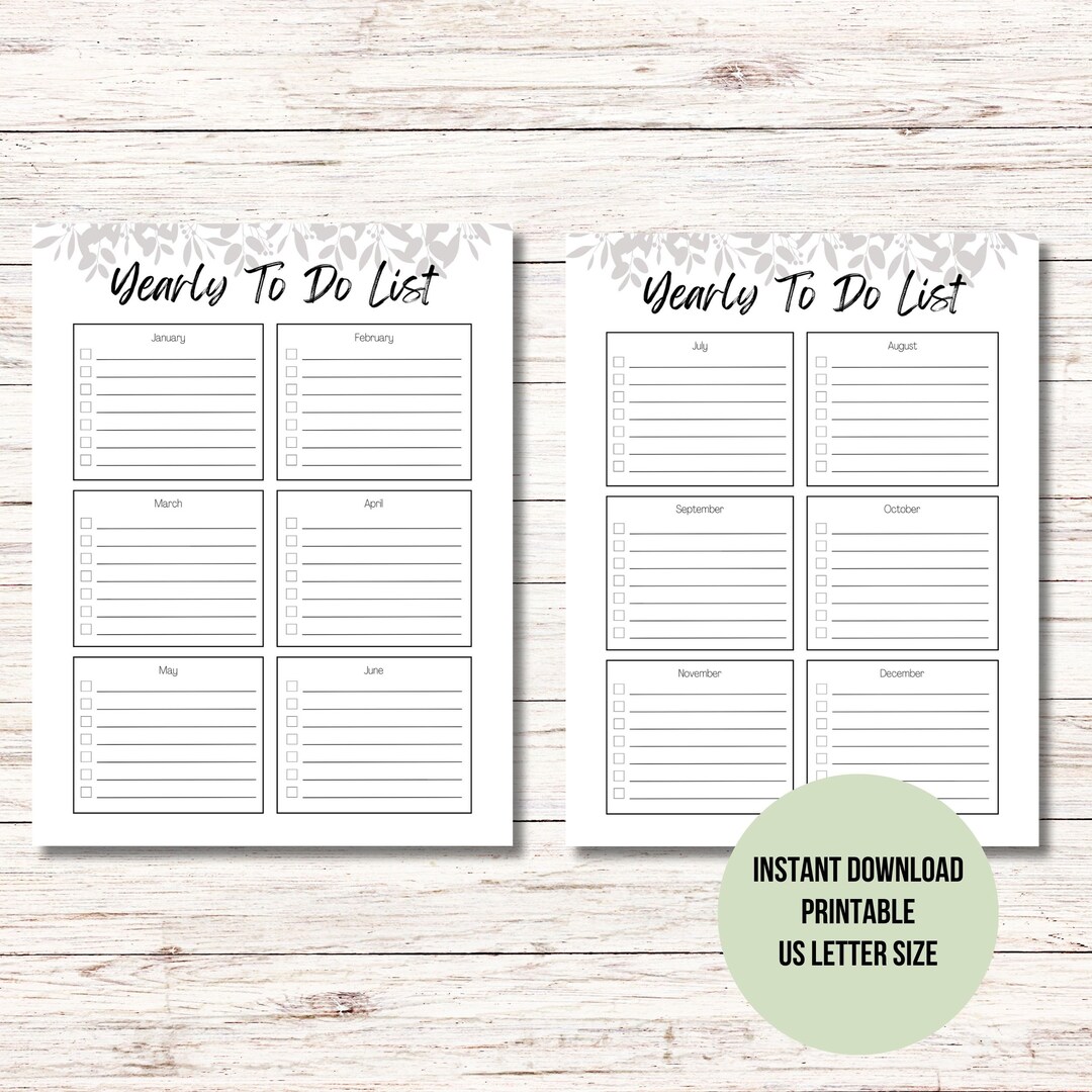 To Do List, Yearly to Do, Checklist, Yearly Planner, Productivity, PDF