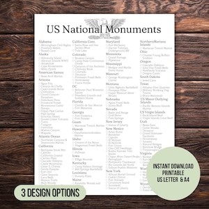 US National Monuments Checklist Printable, Nationals Bucket List, Nationales Monumente Poster, Schild, pdf, einfach