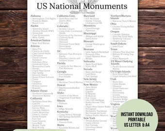 US National Monuments Checklist Printable, Nationals Bucket List, Nationales Monumente Poster, Schild, pdf, einfach