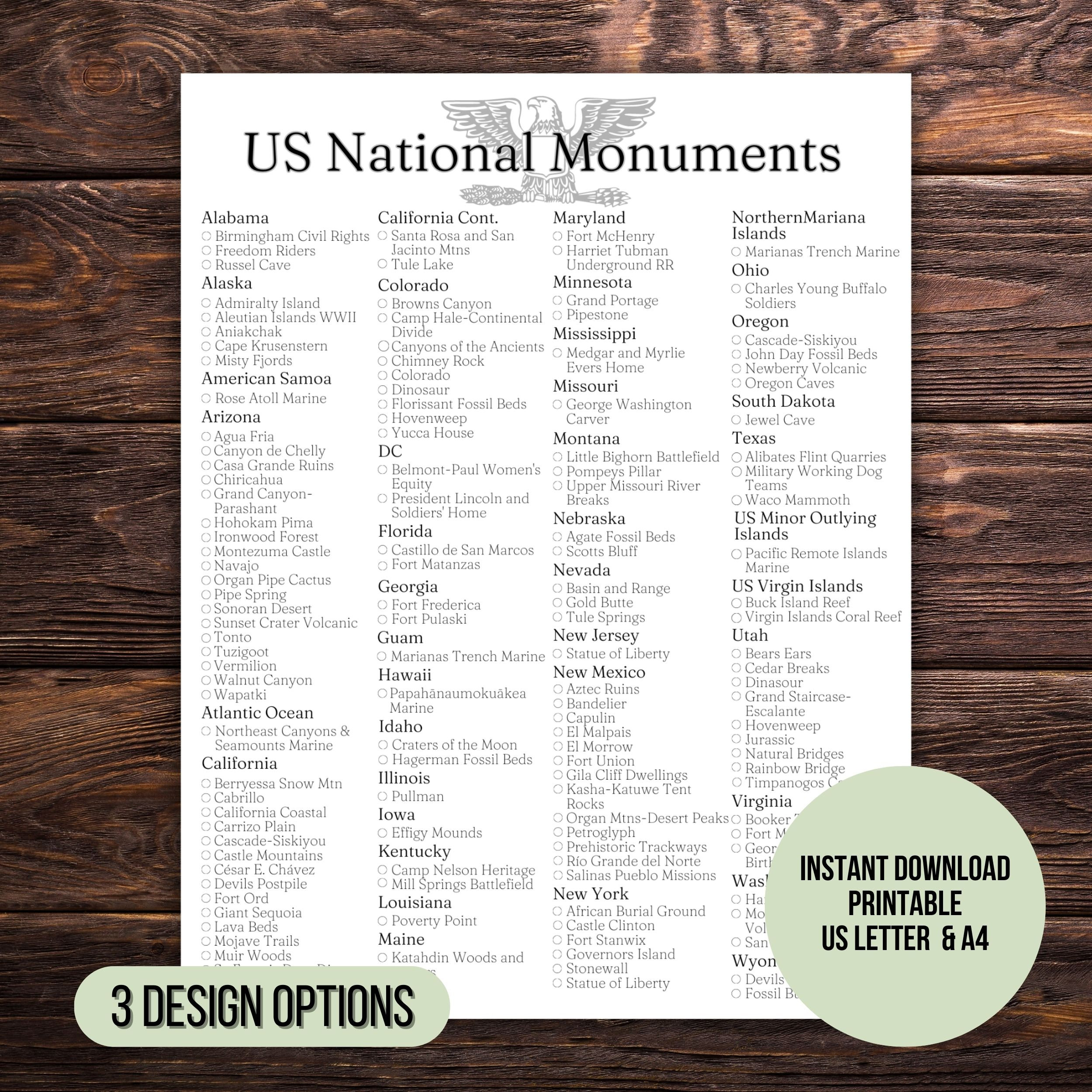 Us national monuments checklist printable nationals bucket list