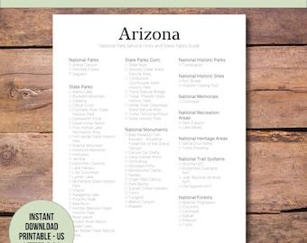 Arizona, US National Park, State Parks, US National Forest, US National Monuments Checkliste zum Ausdrucken, Nationals Bucket List, pdf, einfach