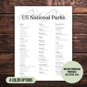 US National Parks Checklist Printable, Nationals Bucket List, National Parks Poster, Sign, pdf, Simple
