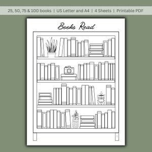 Op de afbeelding: Zwart-witte lijntekening van een boekenkast met vier planken. De boekenkast is gevuld met boeken, een plant in een pot, een camera en een pot. De tekst "Books Read" staat bovenaan de afbeelding.