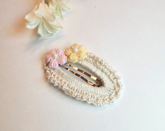 Jasmine Bloom - Handmade Embroidery Crochet Flower Hair Snap Clip, gift for her and babies, girls hair accessories