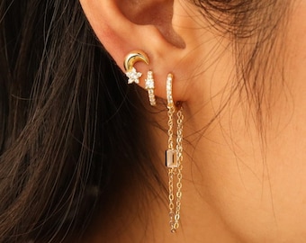 Dainty Silver Everyday Ear Stack Set, Gold Diamond Hoop, Minimalist Earrings Gift for Her, Diamond Huggie Hoop Gift Set, Bridesmaid Gift