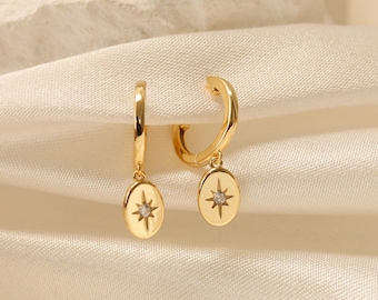 Starburst Silver Everyday Earrings, Gold Star Diamond Hoop, Minimalist Earrings Gift for Her, Diamond Huggie Hoop Gift Set