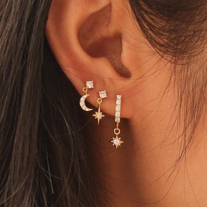 Gold Huggie Hoop Earrings Stack Set, Cz Tiny Hoops Gift Set, Minimalist Hoop Earrings, Moon and Star Earrings Jewelry Gift For Her