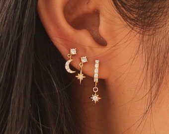 Starburst Silver Everyday Ear Stack Set, Gold Moon and Star Ear Studs, Minimalist Earrings Gift for Her, Diamond Earring Gift Set