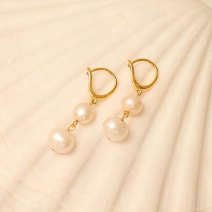 Freshwater Pearl Drop Earrings: 14k Gold Plated Sterling Silver Huggies