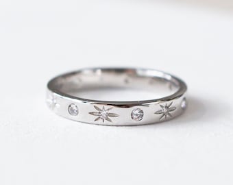 Sterling Silber Himmlischer Ring: Stapelbares Starburst Band