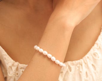 淡水パール トグルブレスレット スターリングシルバー、上品なライス 