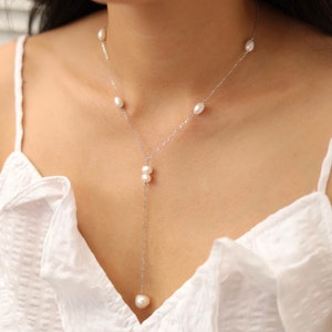 Sterling Silver Freshwater Pearl Y Necklace: Dainty Lariat Drop