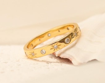 14k Vergoldeter Starburst Ring: Sterling Silber Himmlisches Band