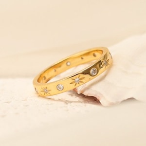 14k Gold Plated Starburst Ring: Sterling Silver Celestial Band