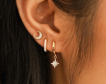 Gold Huggie Hoop Earring Set: Sterling Silver CZ Moon and Star Hoops