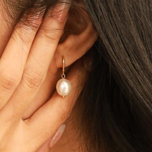 Baroque Pearl Hoop Earrings: 14k Gold Plated Sterling Silver Huggies