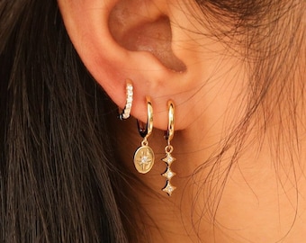 Starburst Silver Everyday Ear Stack Set, Gold Moon and Star Diamond Hoop, Minimalist Earrings Gift for Her, Diamond Huggie Hoop Gift Set