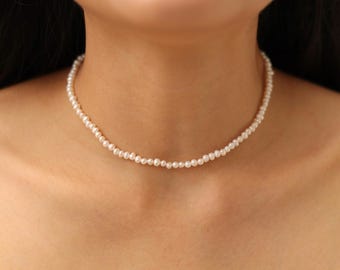 Sterling Silver Mini Freshwater Pearl Choker: Dainty Seed Pearl Necklace