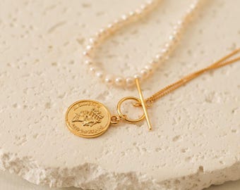 Colar de moedas antigas banhado a ouro 14k: pingente de medalhão de prata esterlina