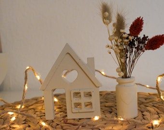 Geschenkset zum Einzug, Einzugsgeschenk, Haus aus Beton inkl. Vase mit echten Trockenblumen eingefasst in einer Verpackung aus Eichenholz
