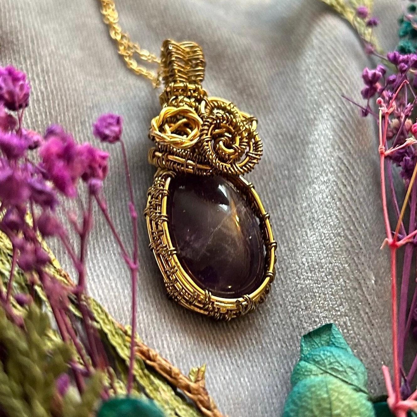 Amethyst Wire Wrapped Pendant Gold Colored Wire