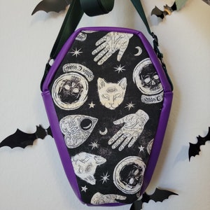 Witch Way Coffin Bag, oddities, black cat, Halloween, gift, goblincore, ouija, crystal ball
